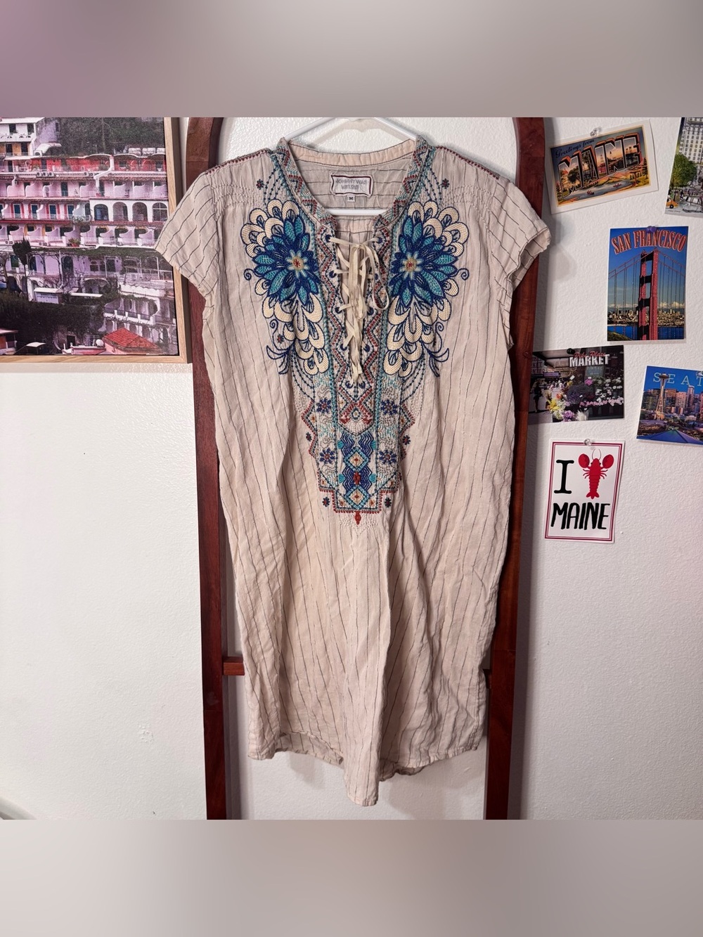Johnny Was Workshop Embroidered Blue Foral Tunic Dress